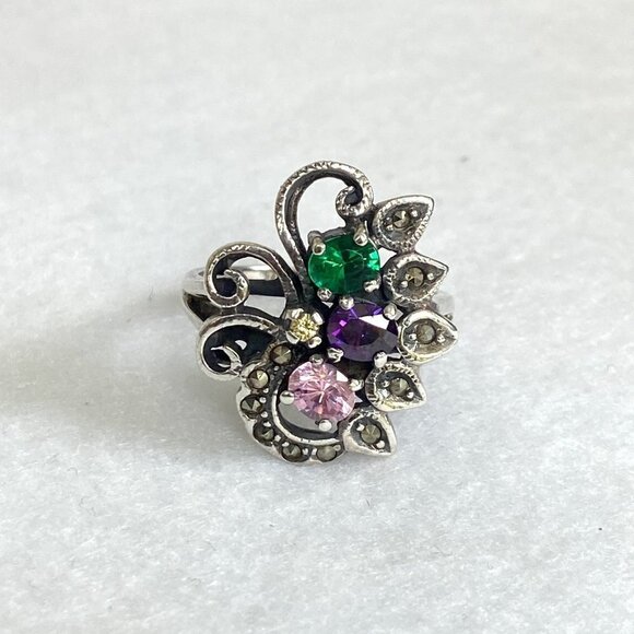 Sterling Silver 925 Multi Colored CZ Marcasite Floral Flower Cluster Ring Sz 8 - Picture 3 of 16